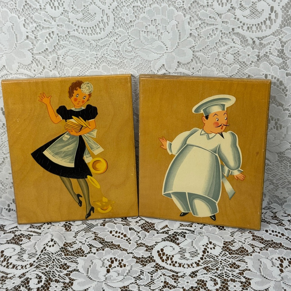 Vintage Mid Century Modern Wood Kitchen Wall Plaques Chef & Clumsy Waitress Pair